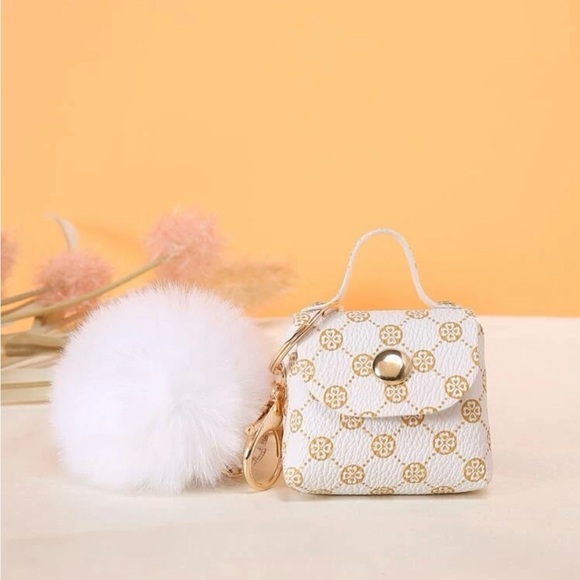 White and Gold Mini Bag Keychain with Pom Pom - Picture 3 of 4